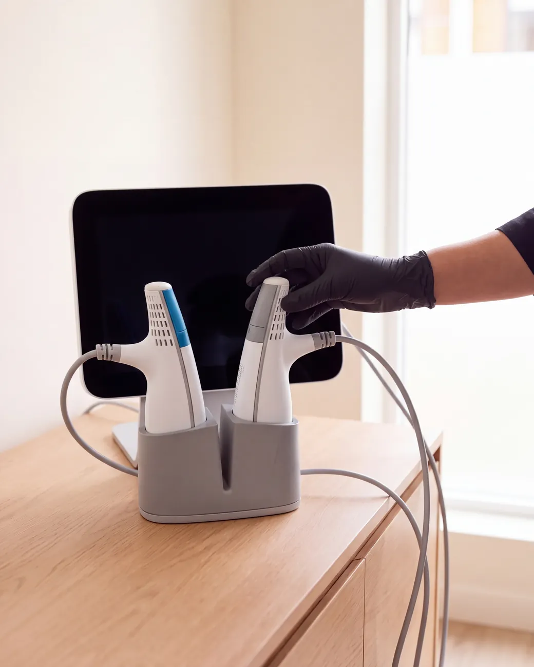 Clear + Brilliant Touch console with its two handpieces in the twin dock