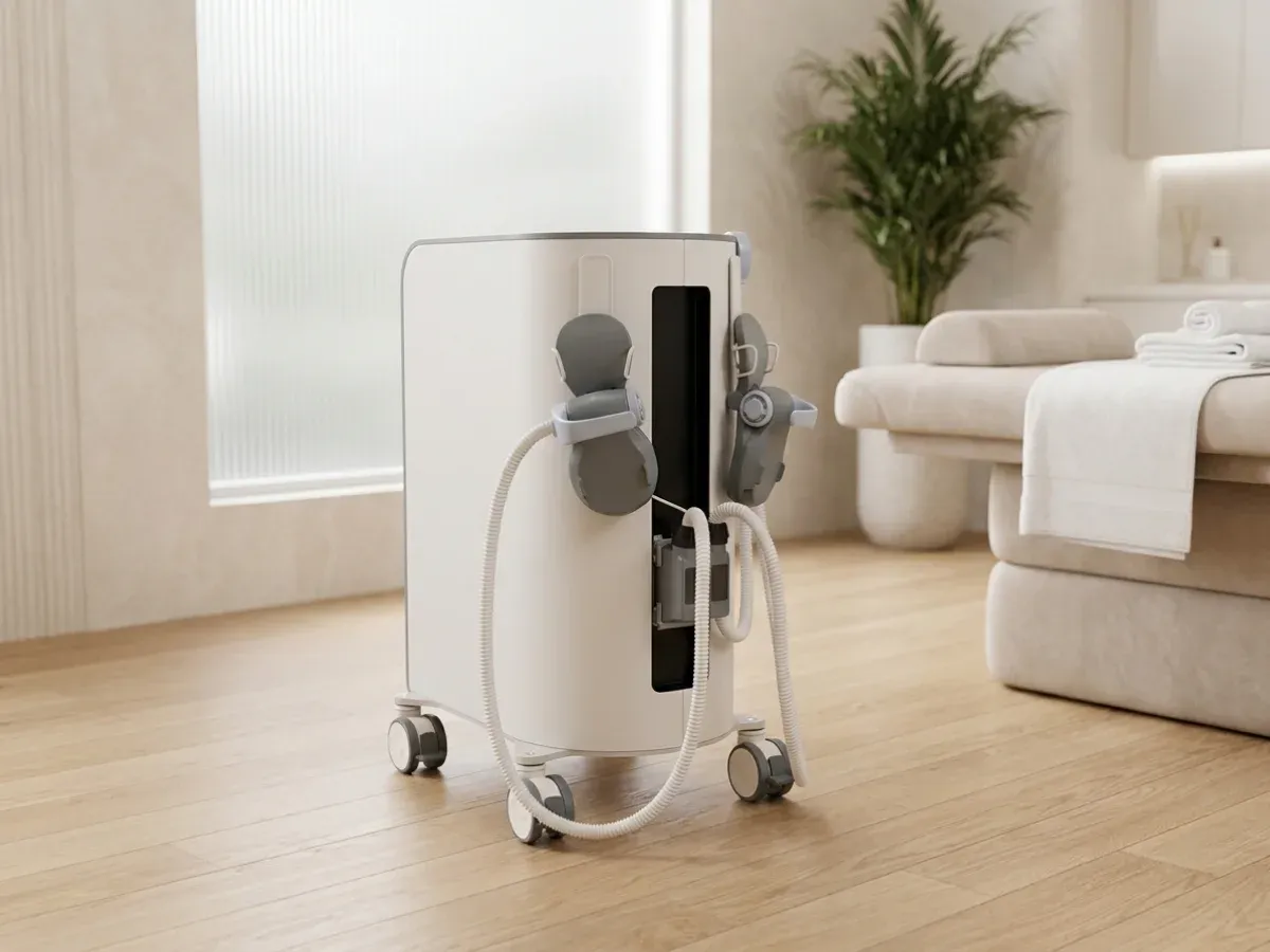 EMsculpt NEO device with its applicators in a bright treatment room