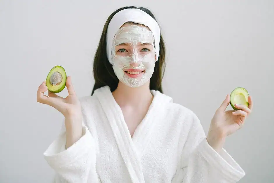 Woman with facial mask holding kiwi halves, promoting personalized skincare.